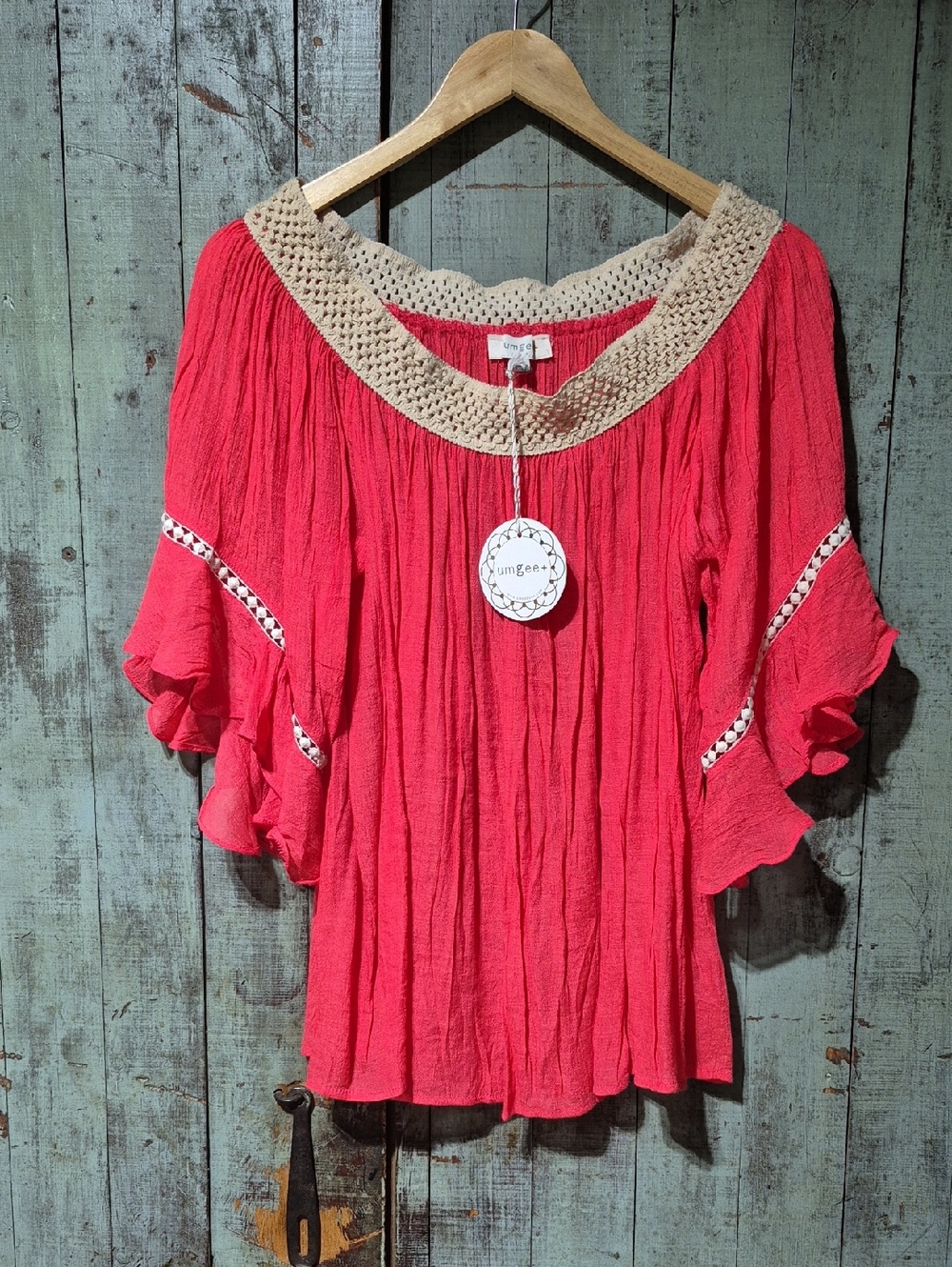 Umgee Coral Crochet-Trim Flutter Sleeve Blouse